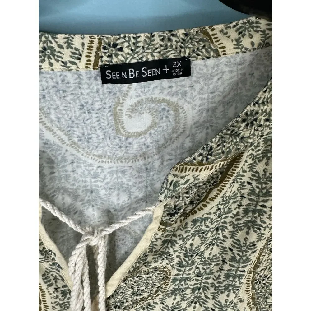 See And Be Seen green and cream paisley print top Boho peasant hippie SIze 2XL
